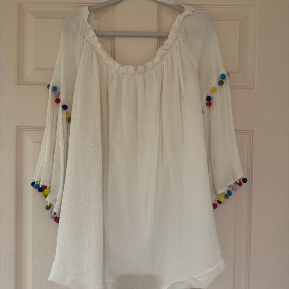 White Boho Off Shoulder Top with Colorful Pom-Poms